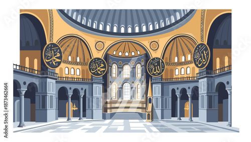 Majestic interior of historic mosque with grand arches and elegant domes