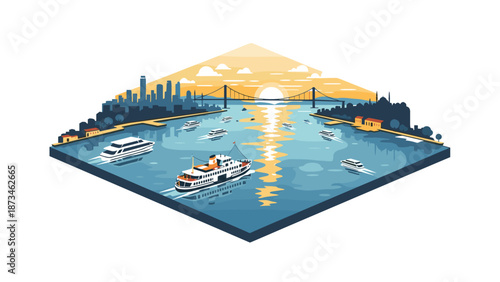 Scenic city harbor at sunset with boats and skyline silhouette in isometric view