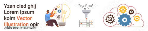 Technology, data analysis, innovation, problem-solving, process optimization, automation. Visualization of a person adjusting a lightbulb, gears and data funnel. Data analysis and technology concept
