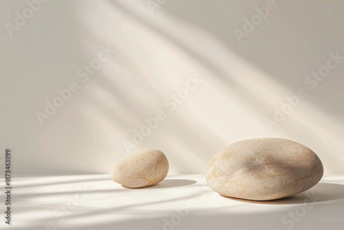 minimal luxury beauty presentation scene, natural stone pedestal slab, organic rock texture, empty surface, soft warm sunlight casting diagonal shadows, window light effect, beige and sand colors