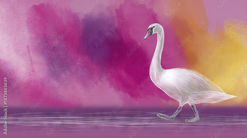 Fototapeta premium White Swan Walking on Water with Vibrant Sunset