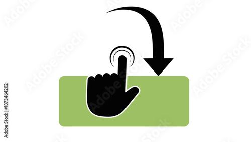 Hand touching a green button with a down arrow indicating a click or selection action