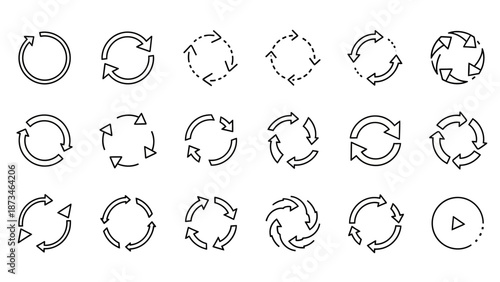 Collection of Simple Line Art Circular Arrows on White Background Illustrating Various Directions and Motion