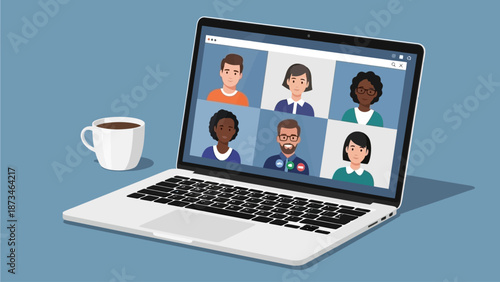 Diverse group of people in a virtual meeting on a laptop screen with a cup of coffee nearby
