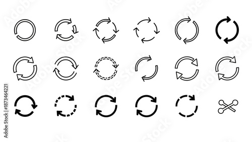 Collection of various black and white circular arrow icons on a white background
