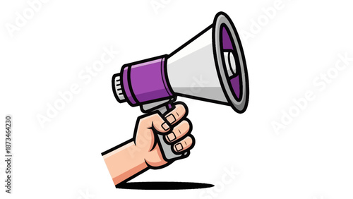A hand grasping a megaphone with a purple accent broadcasting announcements