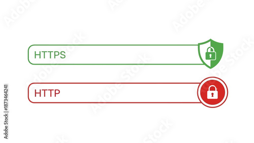 Secure HTTPS protocol illustration contrasting with insecure HTTP on a clean white background