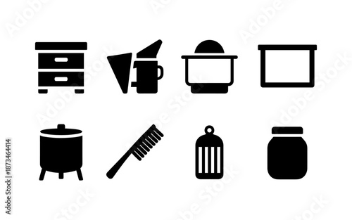 Collection of beekeeping equipment icons for apiary management and honey production