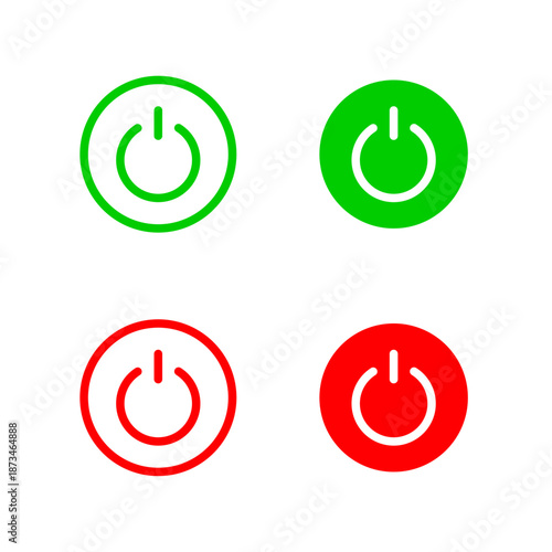 Power button icons in green and red styles, On and off switch symbols, Startup and shutdown UI icons, Power control graphic elements, Power icon set, Vector illustration.