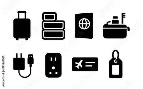 Collection of travel essentials icons including luggage, passport, toiletries, and tickets