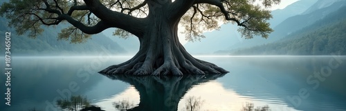Ancient oak tree with large exposed roots stands in calm lake water. Mountains and mist fill background. Perfect nature scene, serene and quiet reflection.