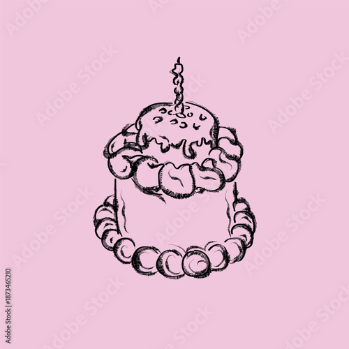 Happy Birthday Cake Doodle With Cherry Sweet Desert Vector Illustration Design.