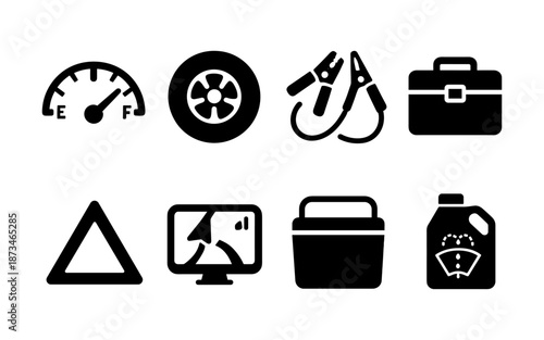 Collection of car maintenance and emergency icons including fuel gauge, tire, jumper cables, and toolbox
