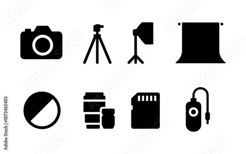 Collection of black photography equipment icons on a white background