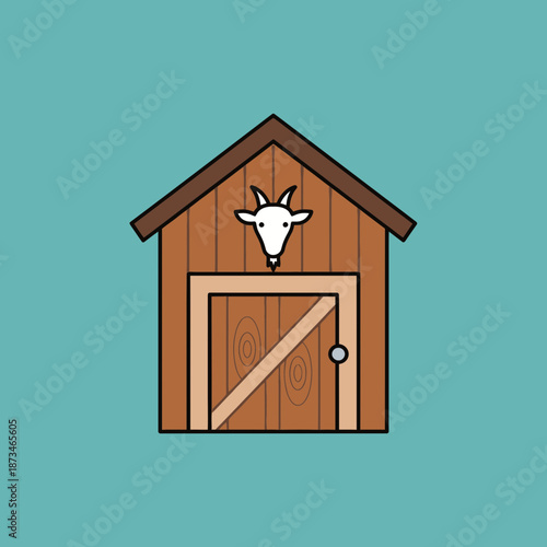 Cartoon wooden shed with goat head above door and diagonal door plank.