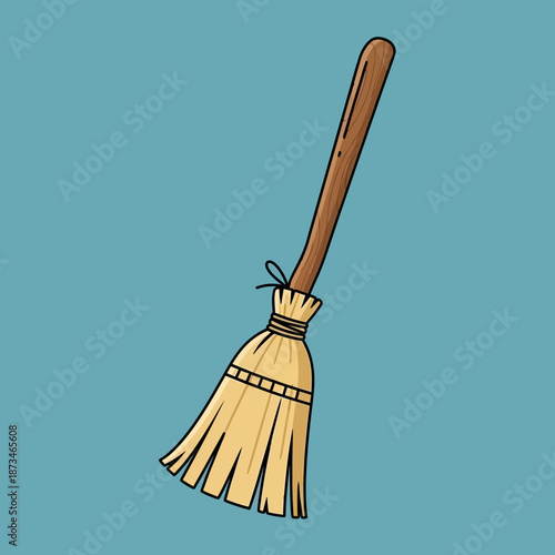 Cartoon broom with a wooden handle and straw bristles tied with string.