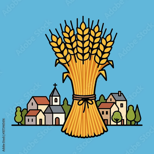 Sheaf of wheat tied with rope stands before a village scene.