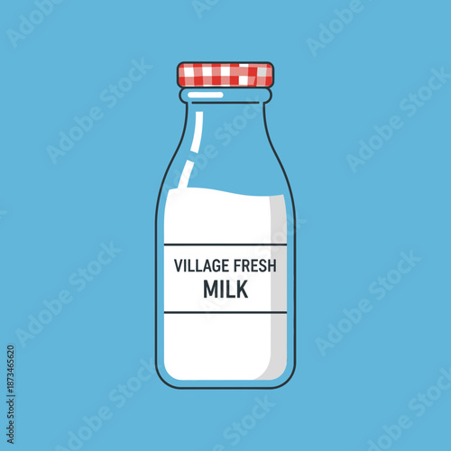 Cartoon milk bottle with checkered lid and "village fresh milk" label.