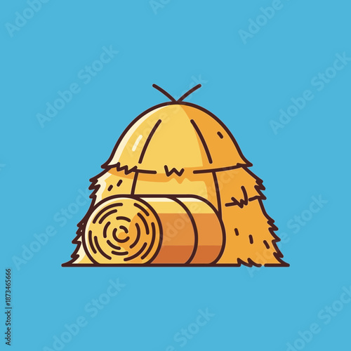 Hay bale stack with rolled hay illustration in cartoon style.
