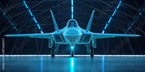 Advanced Aviation: A futuristic display showcases a sleek fighter jet, illuminating the cutting-edge technology behind aviation, set against a backdrop of the hangar