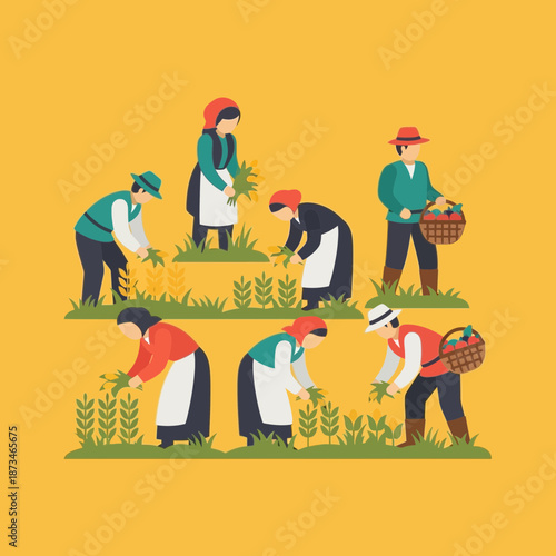 People harvest crops in a field some carrying baskets of produce.