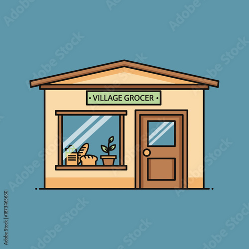 Illustration of a village grocer building with bread plant and door.