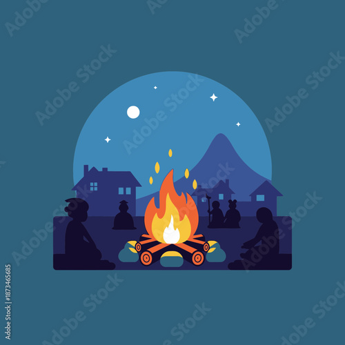 People sit around a campfire at night with houses and mountain.