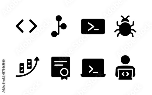 Collection of icons representing programming, development, and success in technology