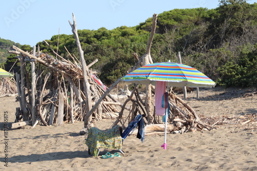 Beautiful scenic view of a wild and empty sandy beach in Albinia, Maremma region, Grosseto province, Tuscany, Italy. Blue sea and Mediterranean coastline under a clear sky.