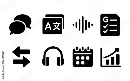 Collection of eight black icons representing communication, translation, audio, and business concepts