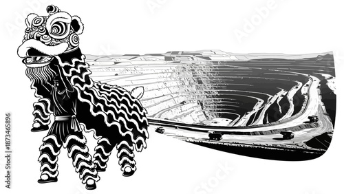 Cultural Festival Celebration, Lion Dance Performance, Urban Setting, Illustration, Vibrant Atmosphere, Dynamic Perspective