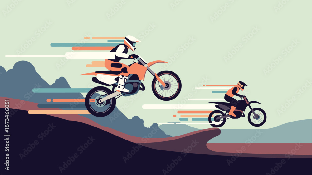 Obraz premium Dynamic off-road motorcycle jumping scene in minimalist flat design