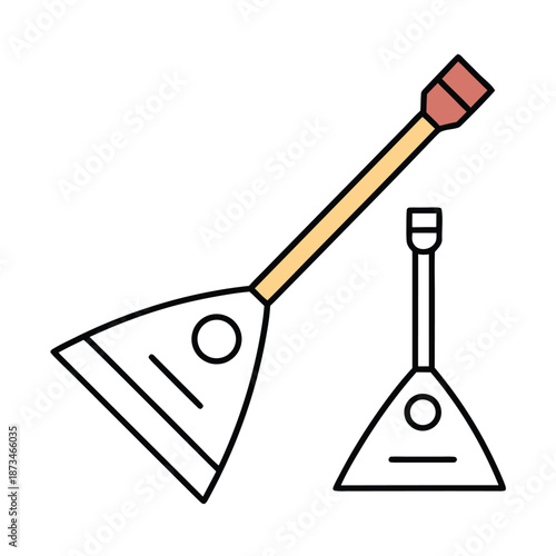 Collection of two stylized balalaika musical instrument icons one featuring color fill and the other presented as a simple black outline design element