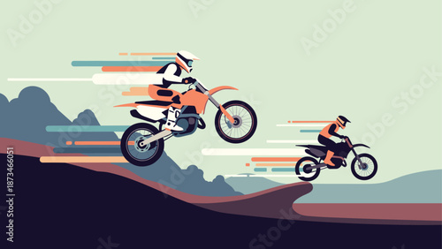 Dynamic off-road motorcycle jumping scene in minimalist flat design