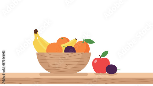 Minimalist fruit bowl on wooden surface with apples and oranges