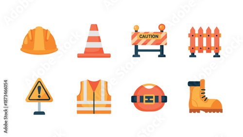 Construction safety equipment icons set in flat style