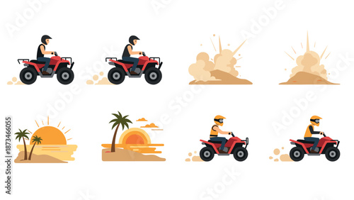 Off-road adventure with atv riders in desert landscape at sunset