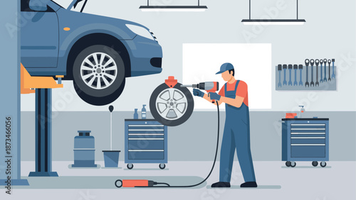 Auto mechanic repairing car in garage workshop