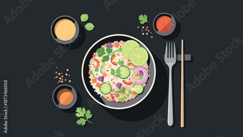 Delicious flat style mexican meal with rice, lime, and vegetables on dark background
