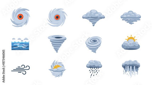 Weather icons set: storm, cloud, wind, tornado, hurricane, rain, sun elements