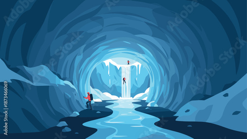 Adventurers exploring majestic ice cave with frozen waterfall in cool tones