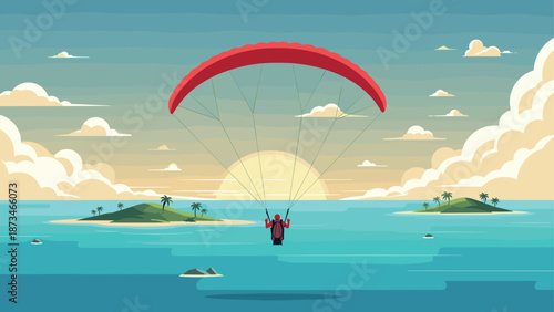 Paraglider over ocean at sunrise with scenic island views