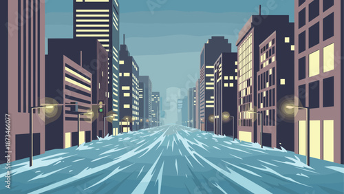 Urban flooded street at night with modern building skyline and streetlights