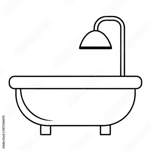 Simple black and white line art illustration depicting a classic freestanding bathtub complete with an overhead shower fixture ready for bathing or relaxation purposes