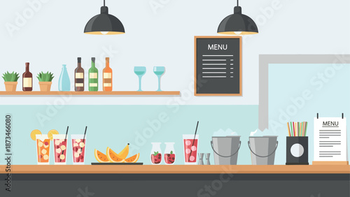 Modern cafe bar counter with drinks displayed in flat design