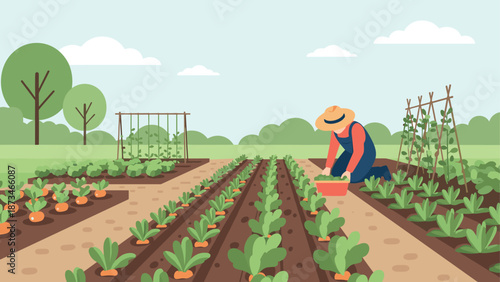 Farmer harvesting vegetables in a flat design rural garden scene