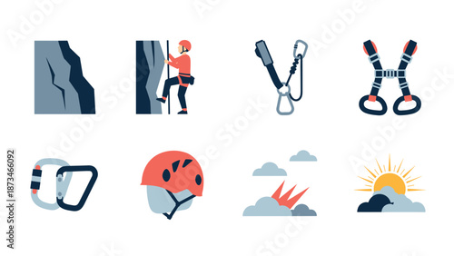 Climbing gear and nature icons in flat design for adventure enthusiasts