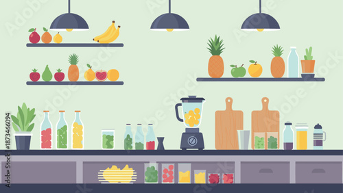 Modern flat kitchen with fresh fruits and blender arrangement