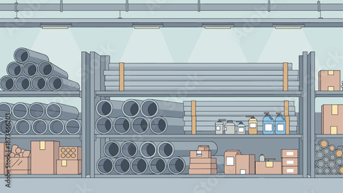Industrial warehouse interior with metal pipes and cardboard boxes
