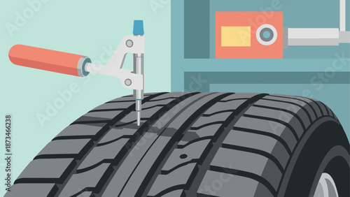 Tire repair in workshop with patch in flat design